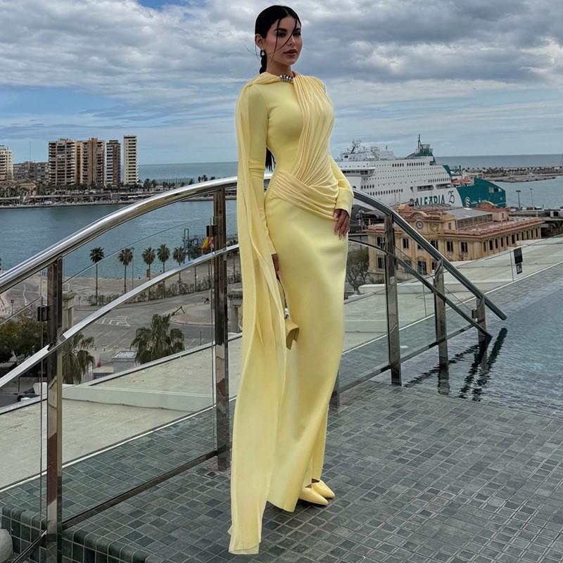 2026 Fall Womens Elegant Solid Long Sleeve Dress With Sash Pleated Bodycon