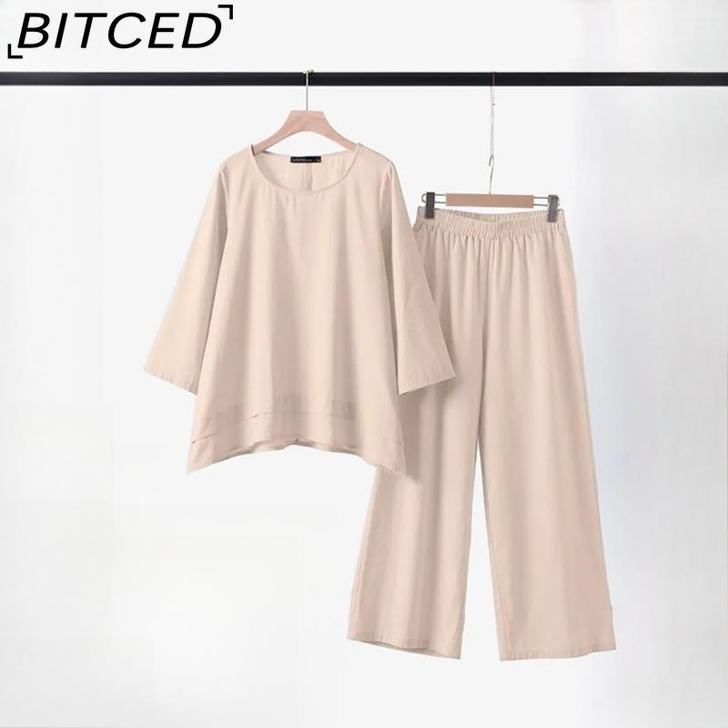 BITCED Women's Solid Vintage Pants Set Cotton Linen Casual Long Sleeve Loose Cotton Set