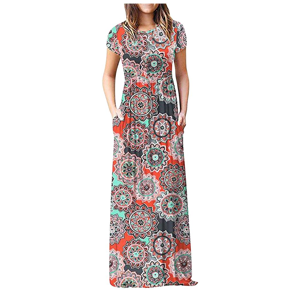 Women Fashion  Gradient Print Short Sleeve Spaghetti Maxi Dress