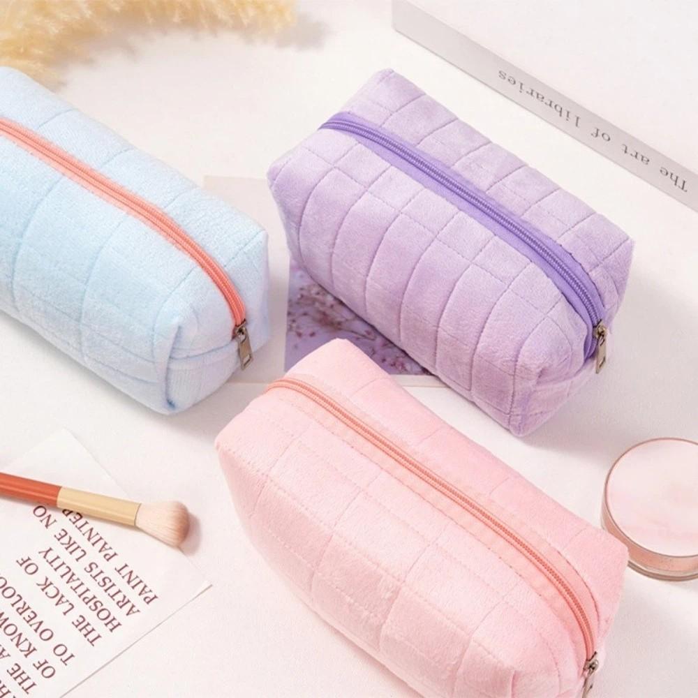 Japanese Style Minimalist Plaid Makeup Bag Large Capacity Zipper Closure Cosmetic Bag Multifunctional Travel Toiletry Bag Travel