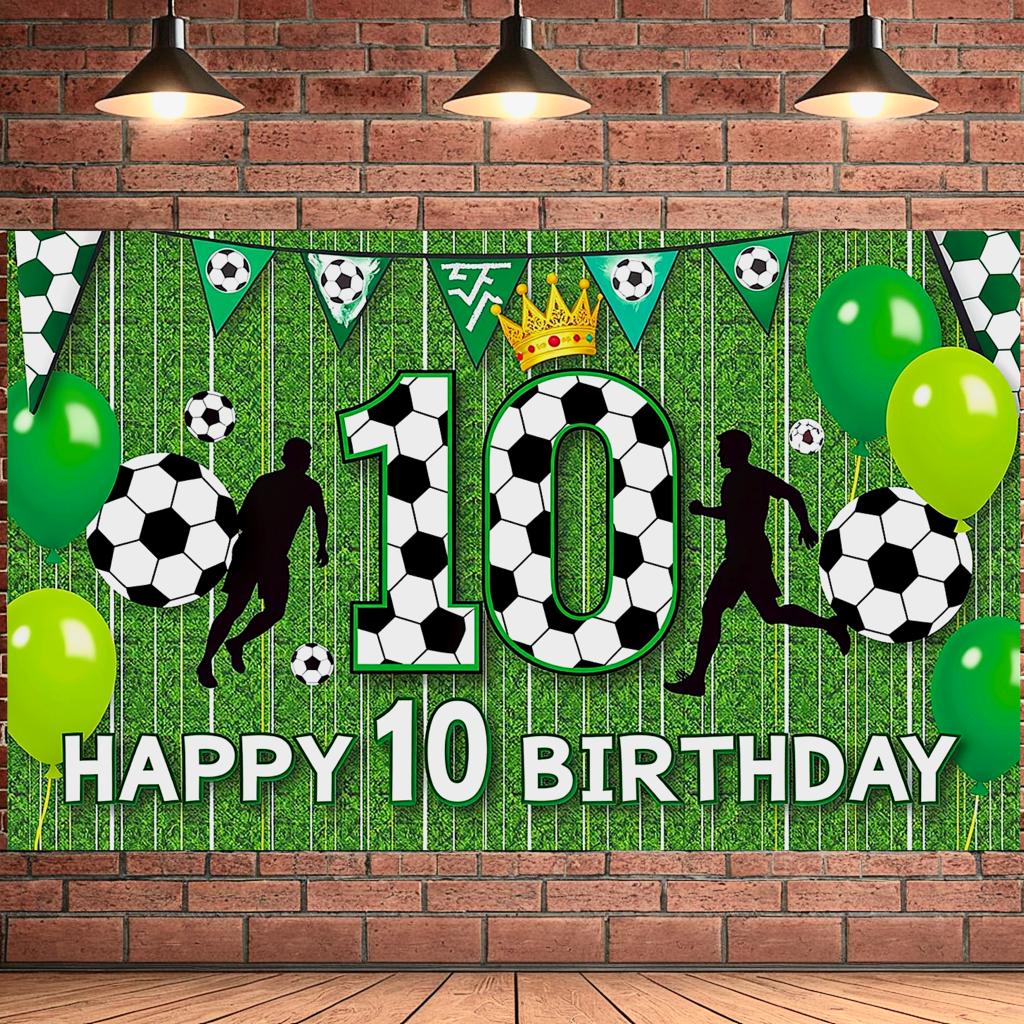 Soccer Themed Happy 10th Birthday Banner Sports Style Birthday Party Decoration Backdrop Photo Background for Celebration Events