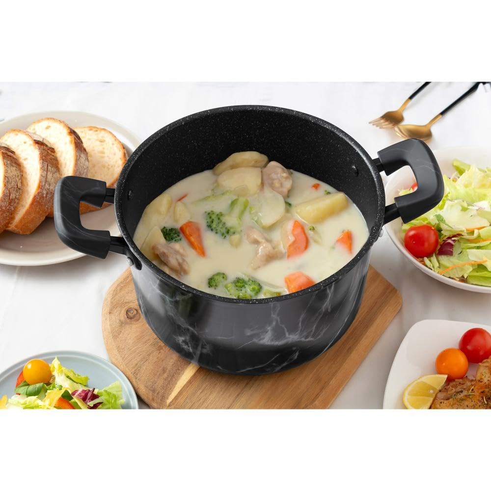 Bestco 22cm Double-Handled Stew Pot, IH and Gas Stove Compatible, Black, Marble Pattern, NX-153 MARBLE KITCHEN