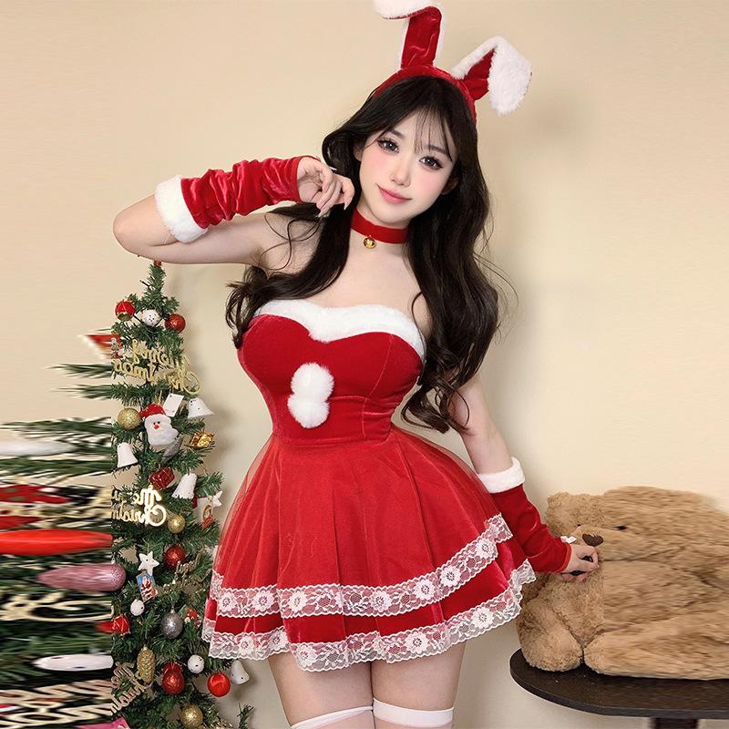 Ladies' Erotic Lingerie Sexy Christmas Cosplay Uniform Bunny Girl Bow Velvet Strapless Hollow Dress Spicy Girl Sexy Pajama Set