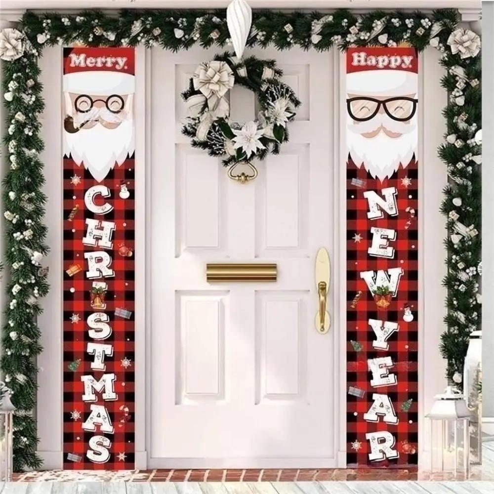 Christmas Porch Sign, Buffalo Plaid Decor Merry Christmas Door Banner Xmas Hanging Decoration for Home Yard Front Door Navidad