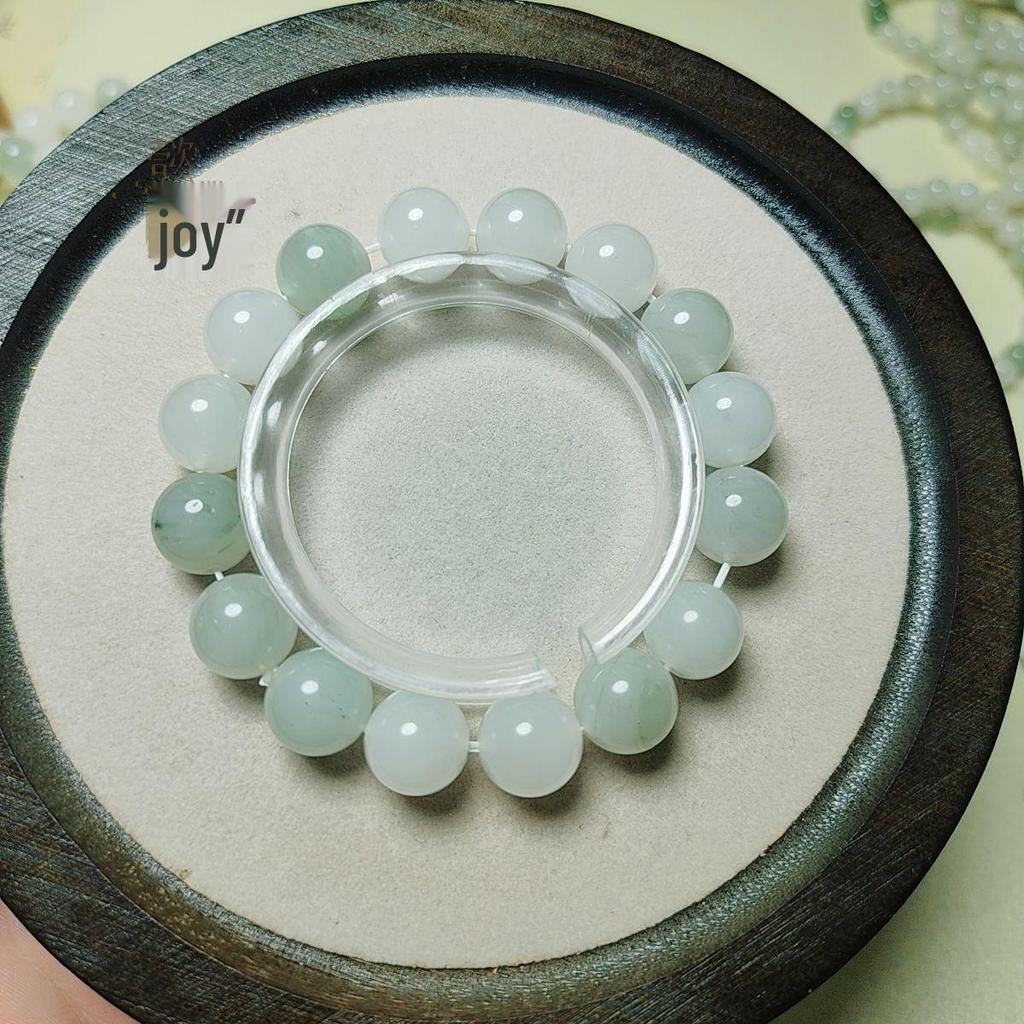 Xinjiang White & Golden Silk Flower Jade Round Bead Bracelet for Women
