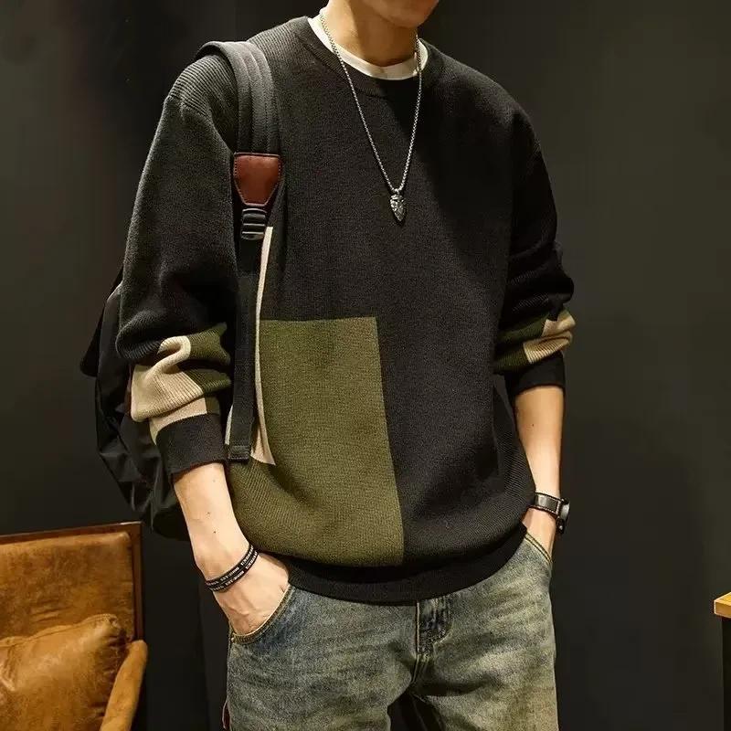 Men's Loose Crew Neck Thickened Color Block Patchwork Trendy Warm Outerwear Knit Sweater Autumn Winter New Style