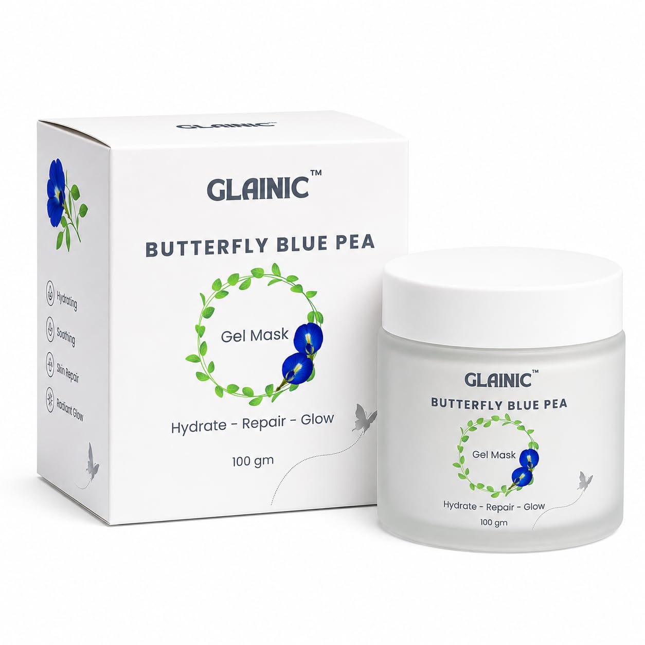 Glainic Butterfly Blue Pea Gel Mask for Face | Hydrating & Brightening Face Mask | Cooling Overnight Gel Mask | For Glowing Skin | 100gm