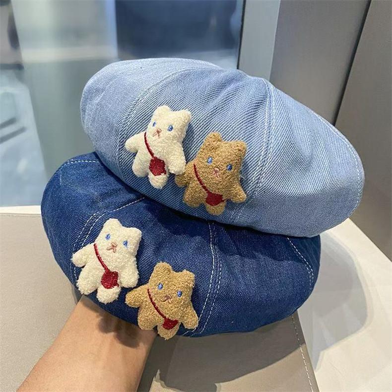 Bear Denim Beret Hat With Adjustable Fit For Casual Women Summer Style