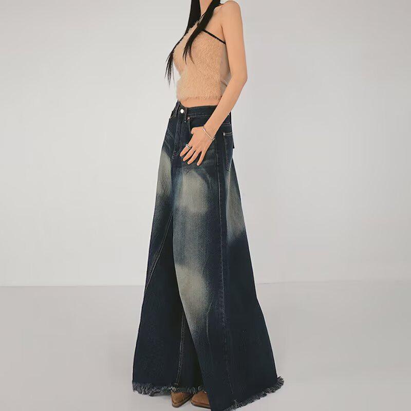 Women's Washed Fishtail Denim Skirt: Distressed High-Waist, Split Design, Raw Edge, Slimming, Long Skirt (2026 New).