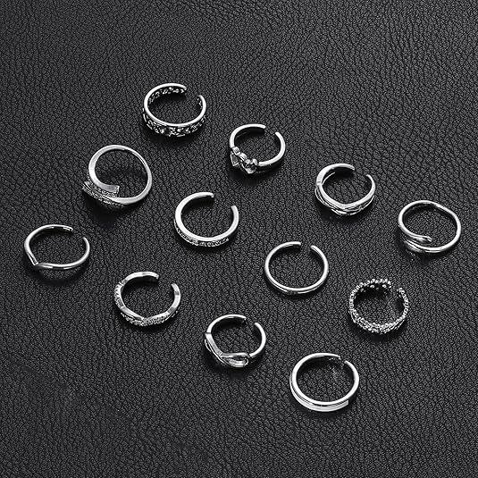 12Pcs Toe Rings Minimalist Thin Wire Cubic Zirconia Summer Beach Toe Rings Open Adjustable Foot Jewelry for Women Silver Tone