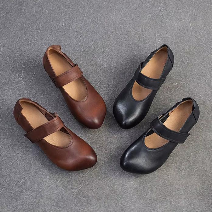 Johnature Allsidige pumps Ekte skinn Hæler Retro Rund tå Grunne Damesko