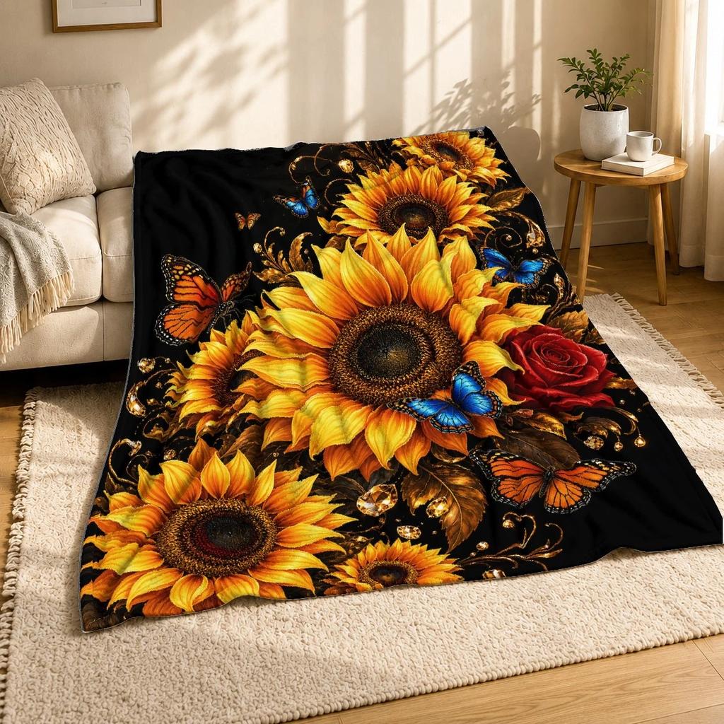 Sunflower Butterfly Bouquet Coral Fleece Blanket Floral Decor
