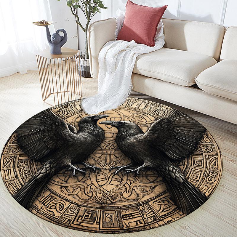 Two Crows with Runes,Round Area Rug,Carpet Rug for Living Room Bedroom Sofa Playroom Decor,Non-slip Floor Mat