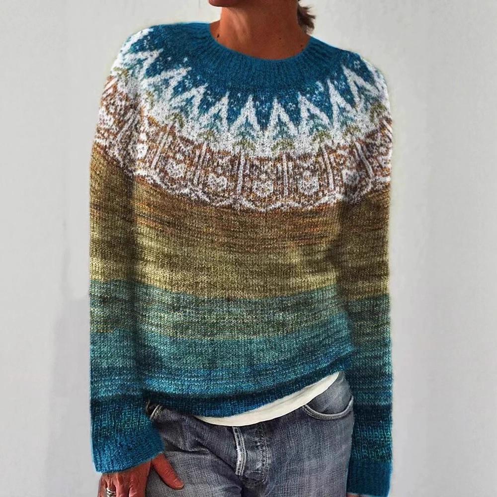 Europäischer & Amerikanischer Damen Lockerer Farbblock Rundhals Mode Pullover