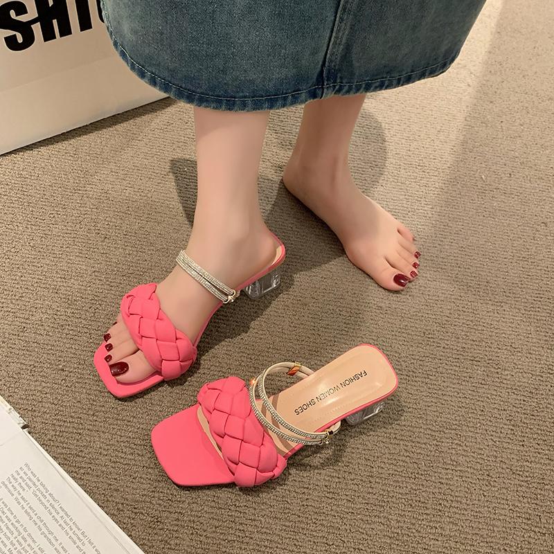Fashion Square Low Heel Woman Sandals 2024 Summer Weave Designer Open Toe Fashion Mid Heels Leather Casual Outside Lady Beach Shoes