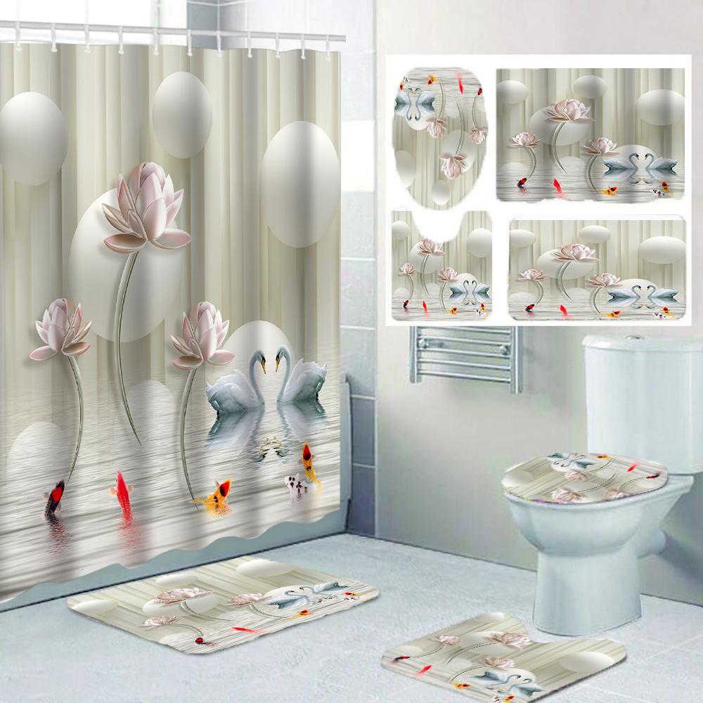 1/4 Flowers Swan Curtains, Toilet Seat Decoration, Shower Curtain with Carpet and Toilet Lid, 12 70.8x70.8 Inch Hooks