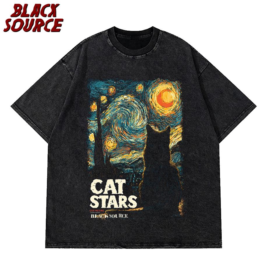 T Short Sleeve Cotton Round Neck Tshirt Casual Graphic Tshirt Black Cat Starry Sky Night Vintage Tshirt for Men and men S