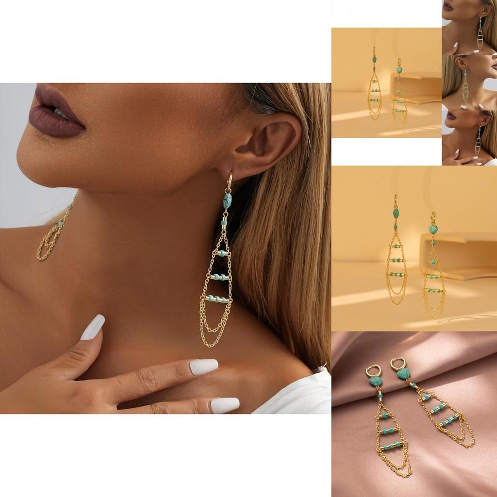 Gold Plated Natural Stone Earrings With Trendy Fringe And Chain Elements