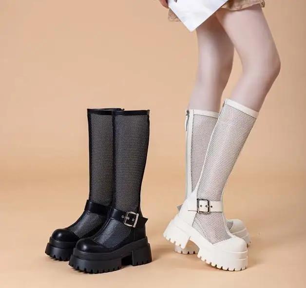 Fashion 10CM Air Mesh Patent Leather Boots Chimney Summer Motorcycle Sandals Hollow Ankle Knee High Booties Women Fashion Casual Shoes