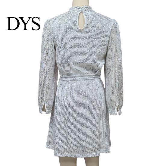Solid Sequin Dress for Women Sequined Lace Up O-neck Long Sleeve Short Color Center of Attention Spring Autumn with Waist Tie Parties Weddings