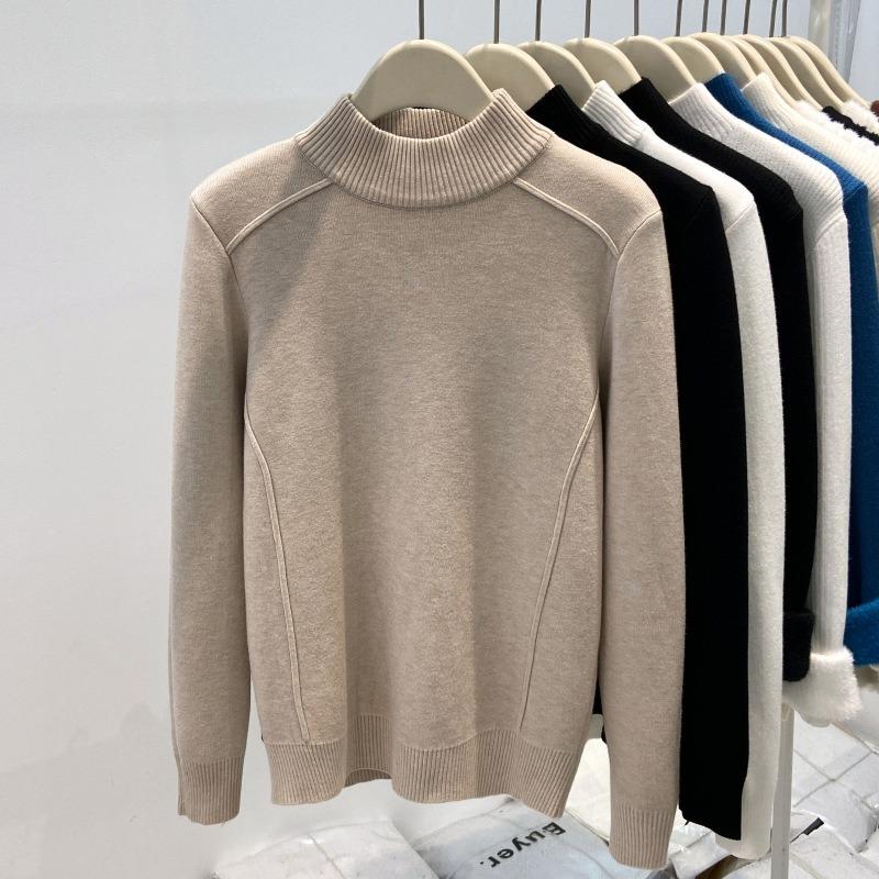 Fishbone line front shoulder semi-turtleneck inner top women's thickened integrated fleece long-sleeved shirt autumn and winter new bottoming shirt