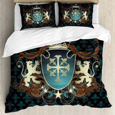 Medieval Duvet Cover Set,Heraldic Design From Middle Ages Coat Of Arms Crown Lions And Swirls, Bedroom Decorative Bedding Sets