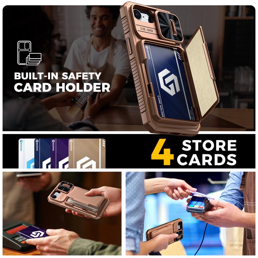 RFID Blocking Wallet Case with Card Holder Sliding Camera Cover PC+TPU Protective Case for IPhone 16e/iPhone 17e-Gold