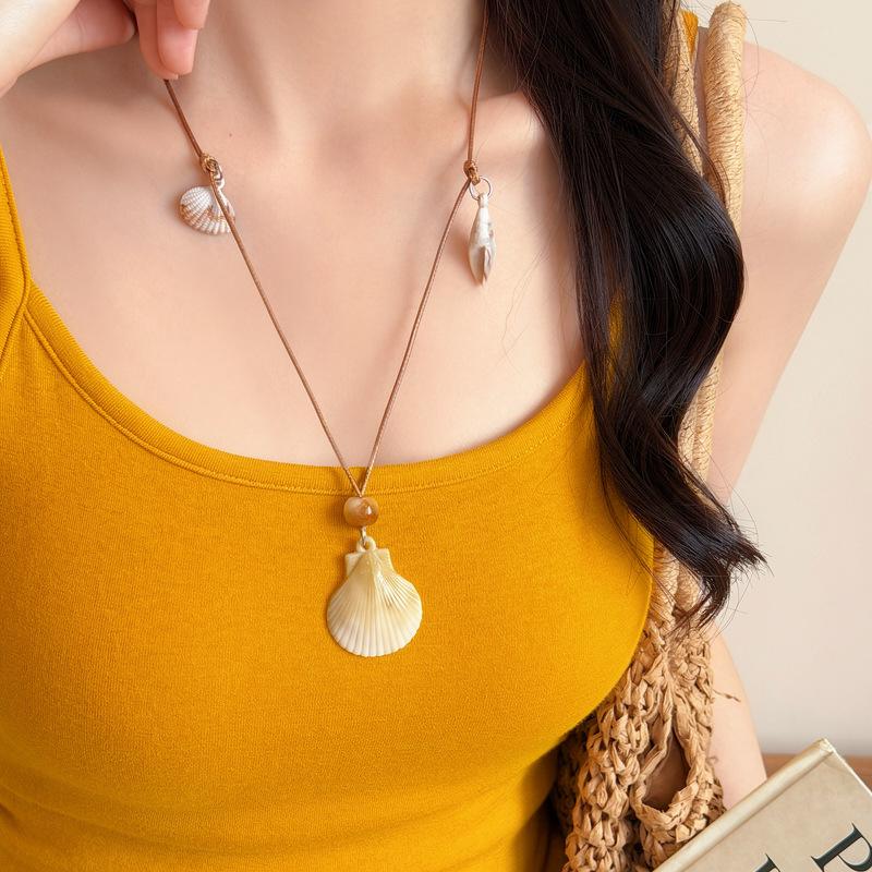 Starfish Shell Beaded Wax Rope Necklace Cute Bohemian Jewelry for Women Teen Girls Beach Vacation Wear