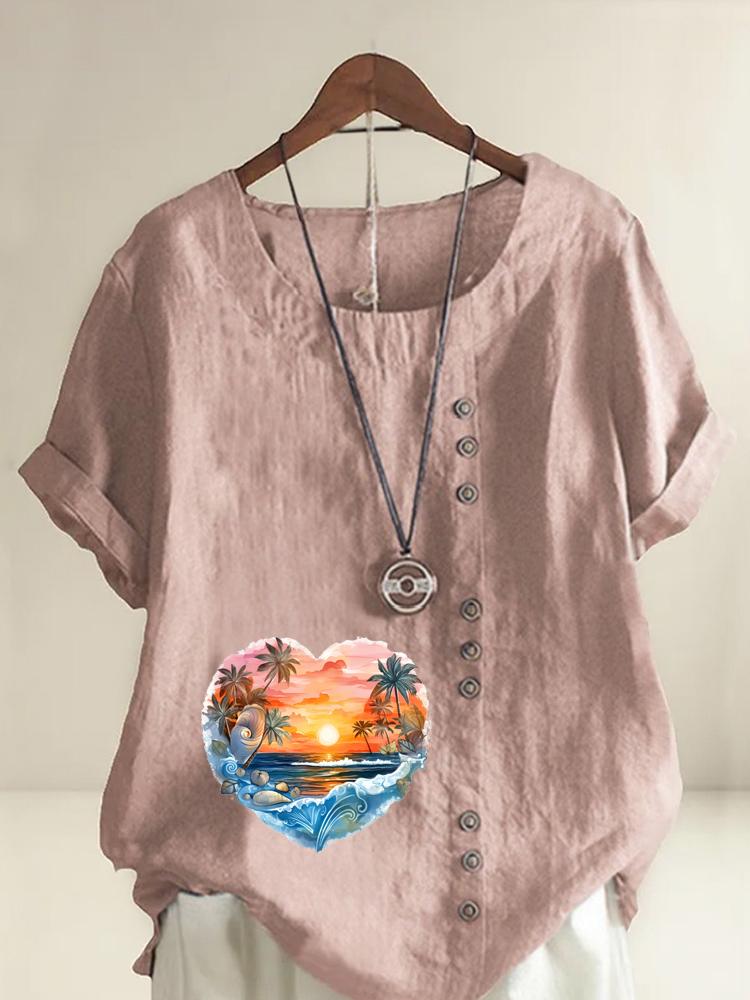 Women's Fashion Heart Shaped Scenery Print Round Neck Short Sleeve T-shirt Casual Cotton Linen Graphic Shirt Leisure Loose Summer Blouse Tops