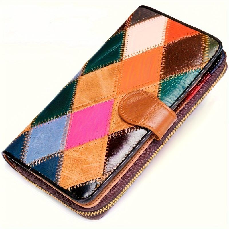 Genuine Leather Bifold Wallet, Vintage Colorblock Coin Purse, Retro Patch Work Credit Card Holder