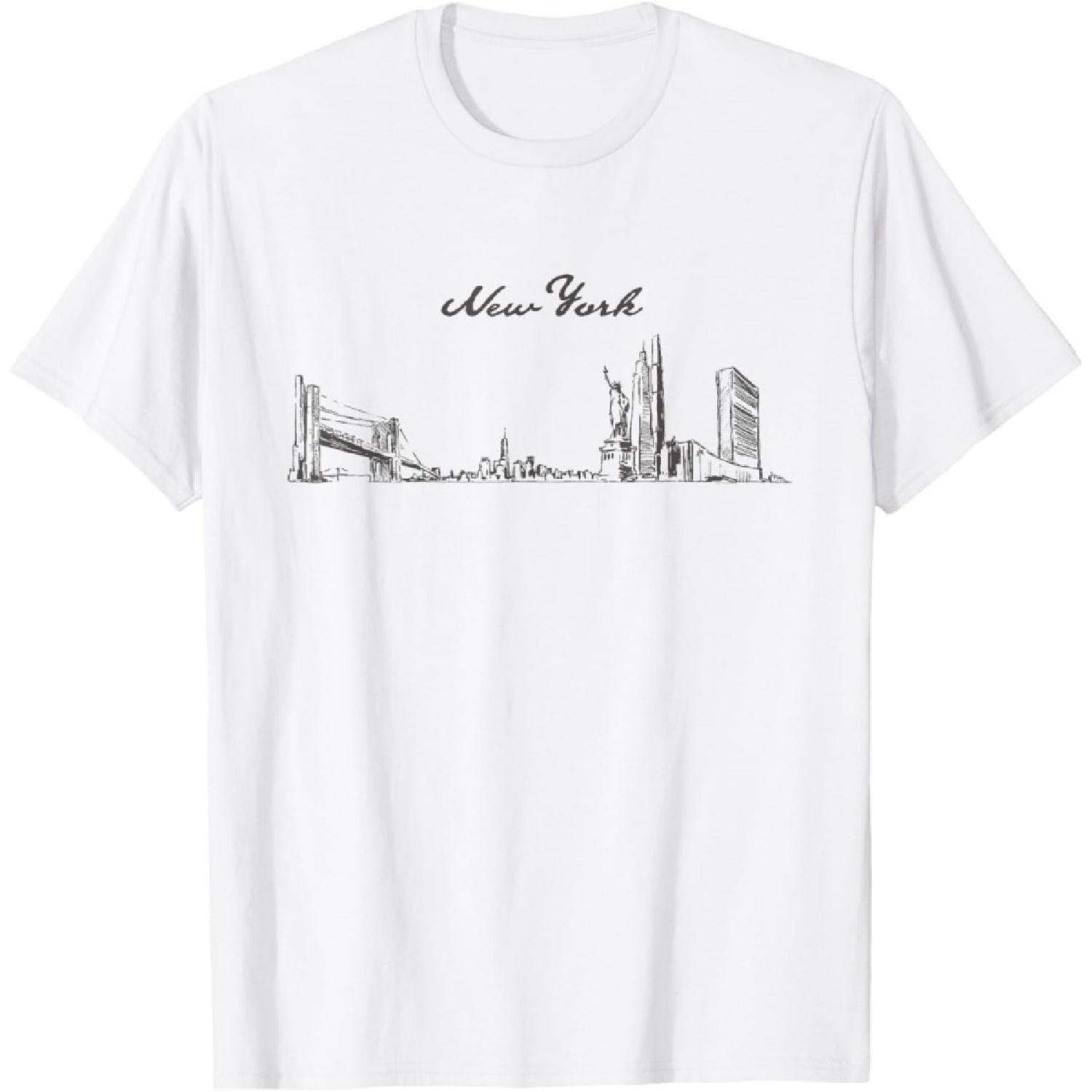 New York City Skyline, Hand-drawn Landmarks NYC Vintage Style T-Shirt S