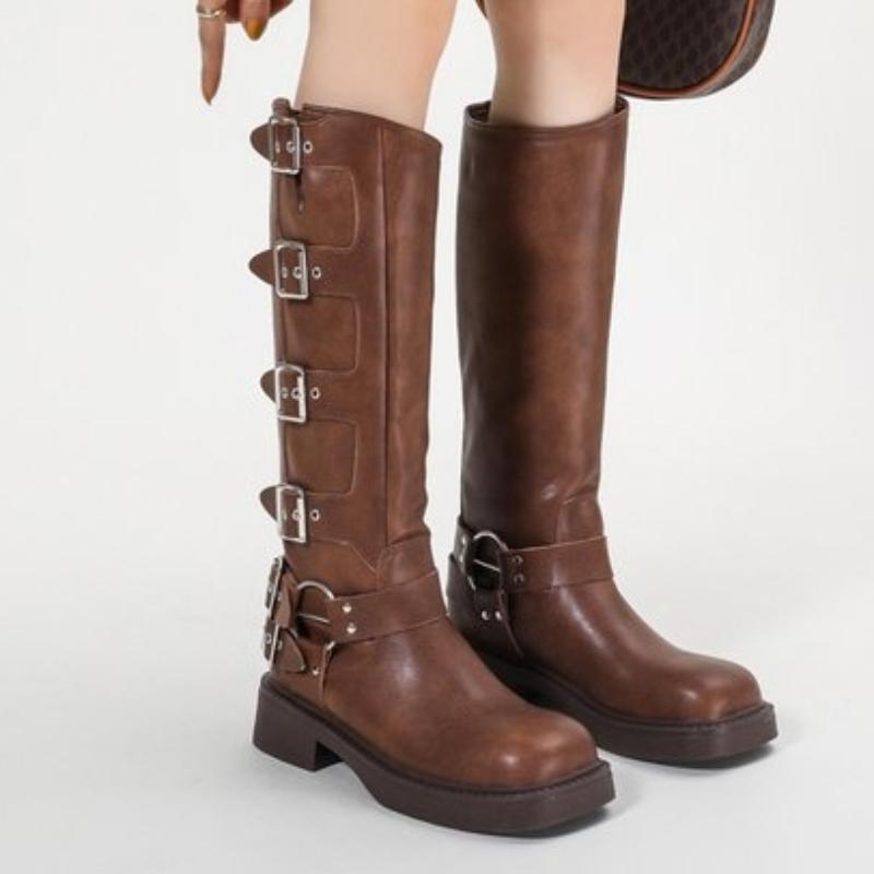 Hot Selling Solid Color New High Quality Style Retro Western Boots Buckle Women's Boots Thick Sole Shoes Zapatos De Mujer