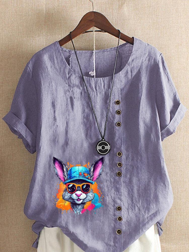 Women's Fashion Colorful Rabbit Print Round Neck Short Sleeve T-shirt Summer Casual Cotton Linen Graphic Shirt Leisure Loose Blouse Tops