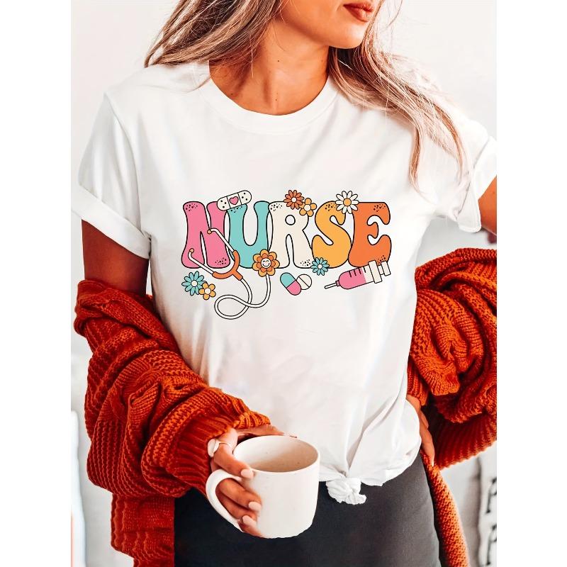 Women's Nurse Print Short Sleeve T-Shirt Casual Crew Neck Summer Spring Top