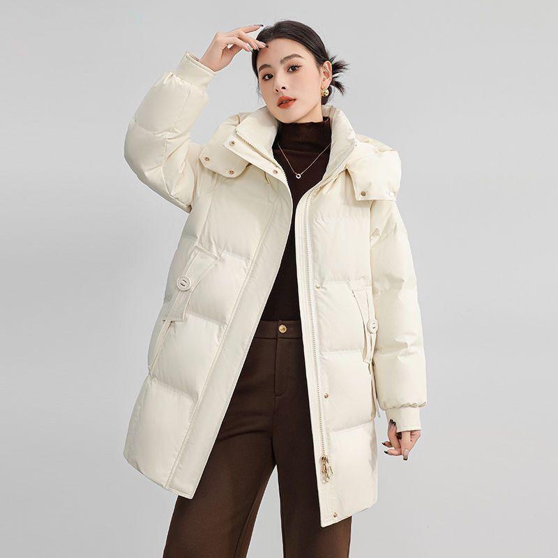 Fashionable and Warm Mid-length Down Cotton-padded Jacket for Women in Winter, Loose and Detachable Cap Coat