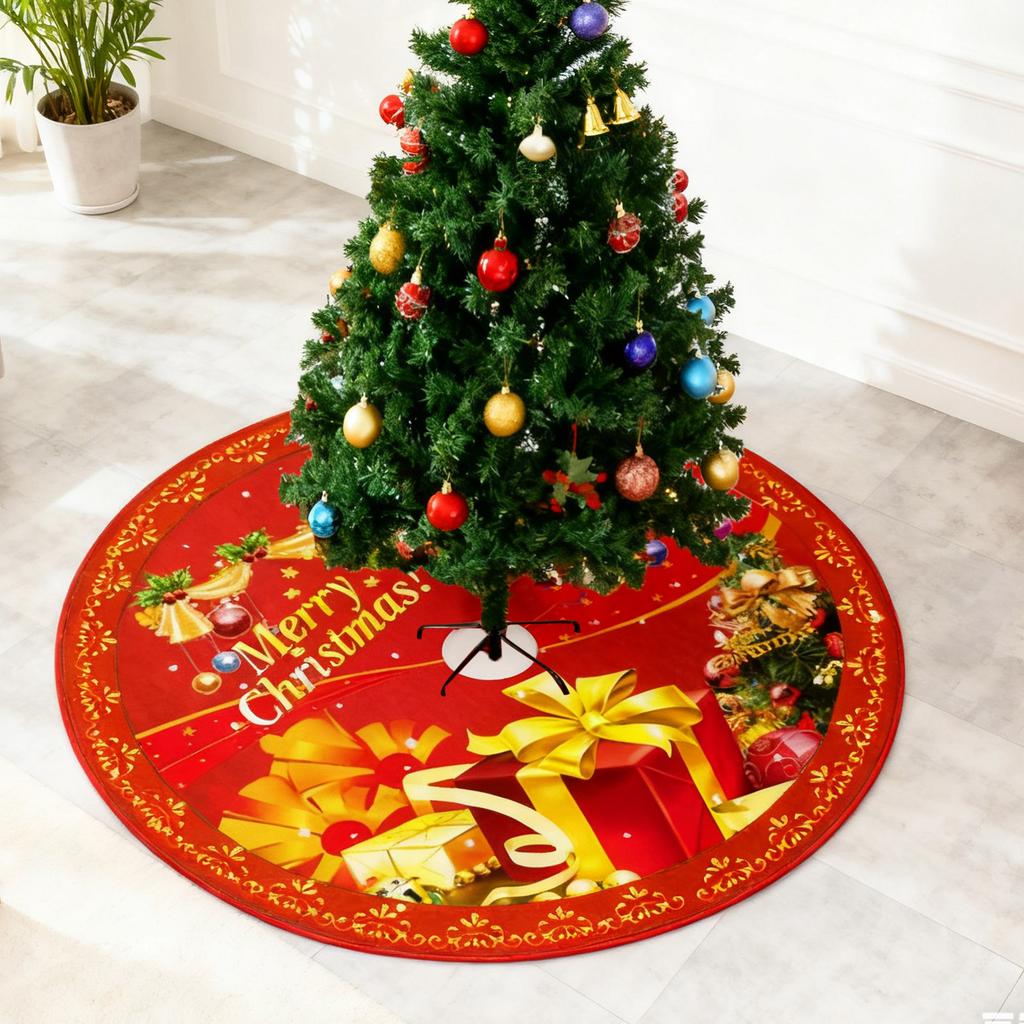 Christmas Tree Skirt with Gift Box and Ornament Print Holiday Decoration Round Mat for Home Office Party Use