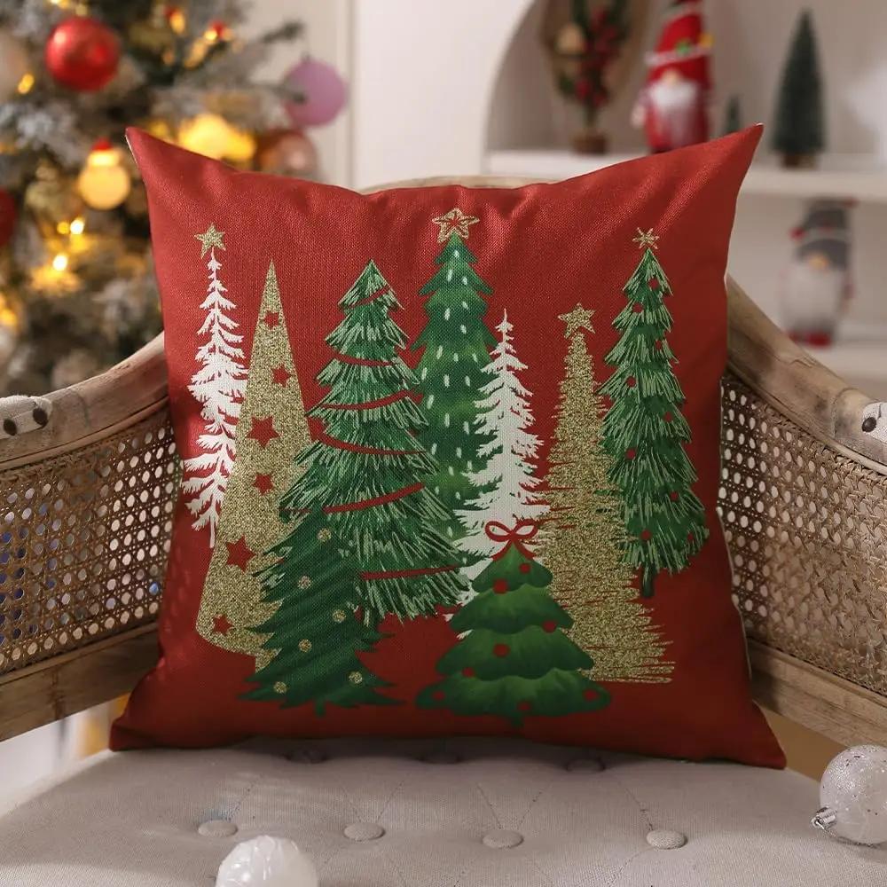 Christmas Pillow Covers 18x18 Inch Christmas Tree Decorative Red Throw Pillows Winter Christmas Decor for Home Couch Sofa Bed