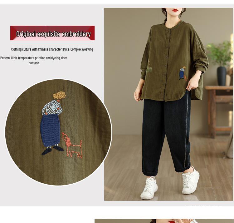 Women's 2025 Cotton Gauze Round Neck Long Sleeve Loose Embroidery Shirt