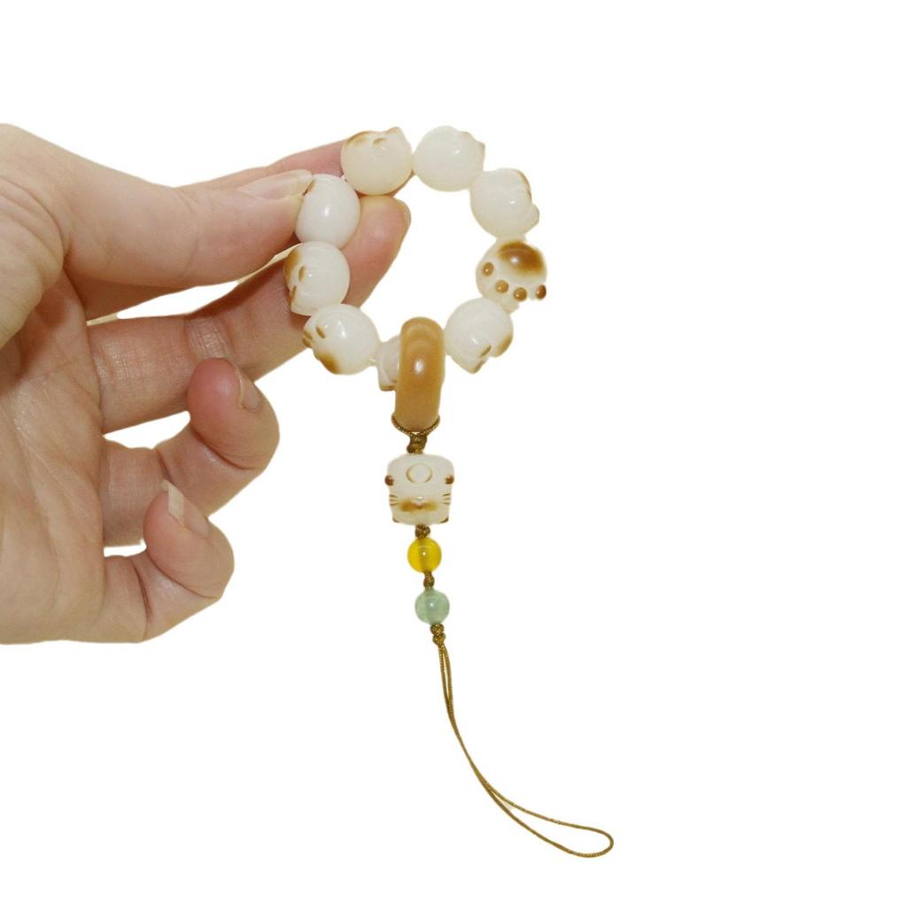 White Bodhi Cute Cat Paw Charcoal Phone Charm - Women's Lucky Cat Lanyard & Ring Pendant