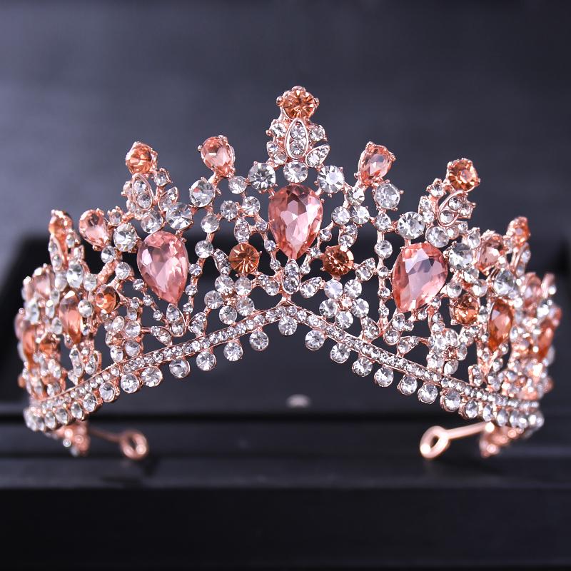 Rose Gold Crystal Bridal Tiaras and Crowns for Women Bride Rhinestone Prom Diadem Headband Bridal Wedding Hair Accessories Crown