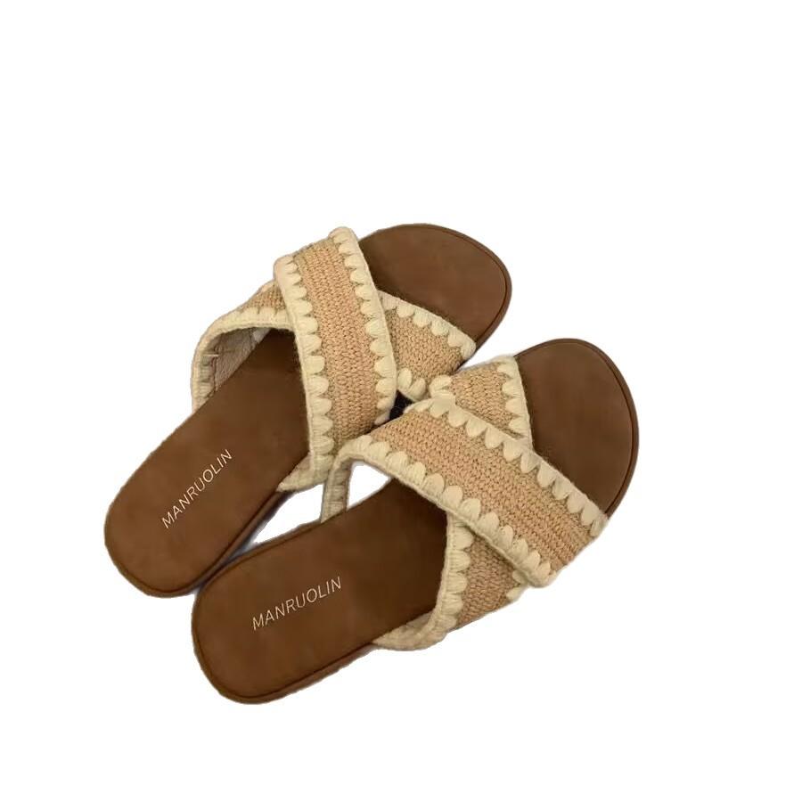 Cross-strapped Flat-bottomed Open-toed Slippers Women's Summer New Outer Wear Woven Seaside Beach Cool Slippers