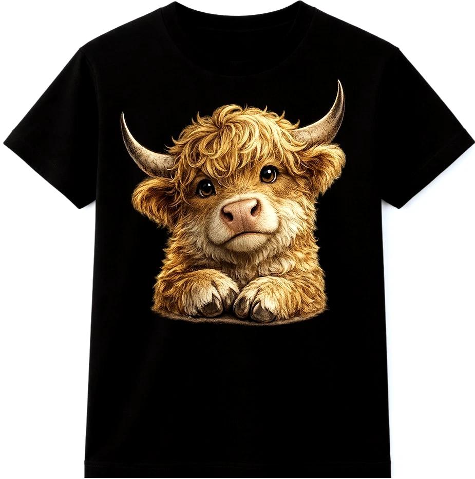 Highland Cow T Shirt Cute Calf Graphic Tee Fluffy Farm Animal Casual Top XS