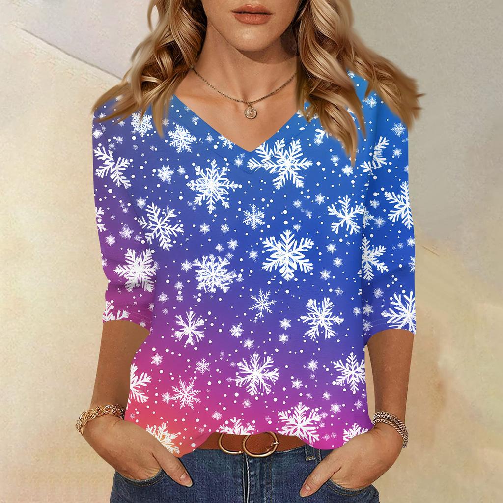 Women's T Shirt CHristmas Print 3/4 Sleeve Daily Weekend Fashion Basic V- Neck Regular Top