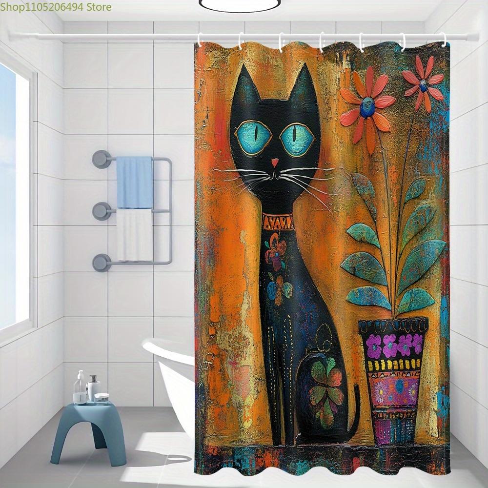 1Pc Bohemian Style Black Cat And Floral Pattern Printed Shower Curtain, Modern Art Style Bathroom Home Decor With Plastic Hook