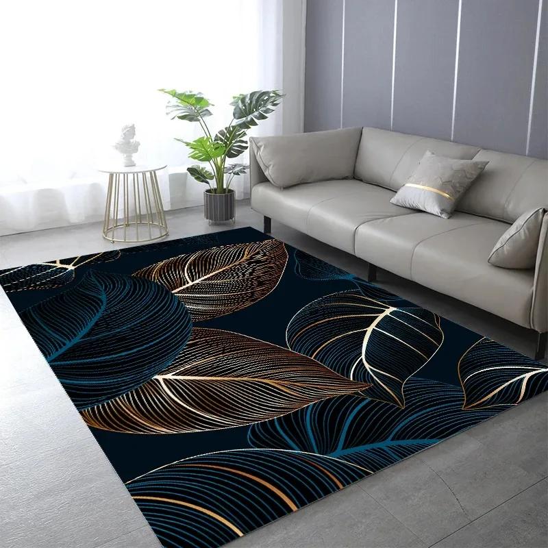 Abstrakt Schwarz Gold Pflanze Blatt Teppich Kunstdruck Design Teppiche für Schlafzimmer Nachttisch Rutschfest Zuhause Sofa Couchtisch Dekor Fußmatte
