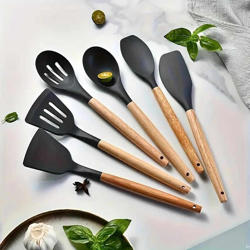 11pcs Silicone Kitchen Utensil Set with Wooden Handles Cooking & Baking Tools Including Non-Stick Spatula, Ladle, Whisk