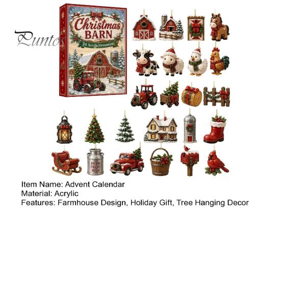 Family Christmas Tradition Farm Advent Calendar 24Pcs Acrylic 2D Ornament Set with Rustic Barn Unique Countdown Kit Animal Designs for Holiday
