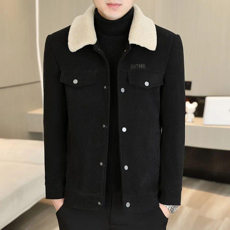 Men's Autumn and Winter Lapel Jacket, Solid-colored Woolen Coat with A Fur Collar and Fleece for Warmth