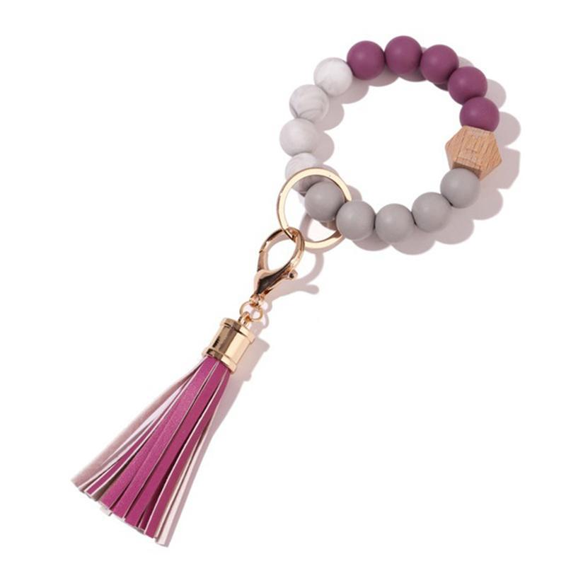 Stock Silicone Beads Elastic Bangle Bracelet Keychain Leather Tassel Silicone Beads Bracelet Wristlet Keychain for Women