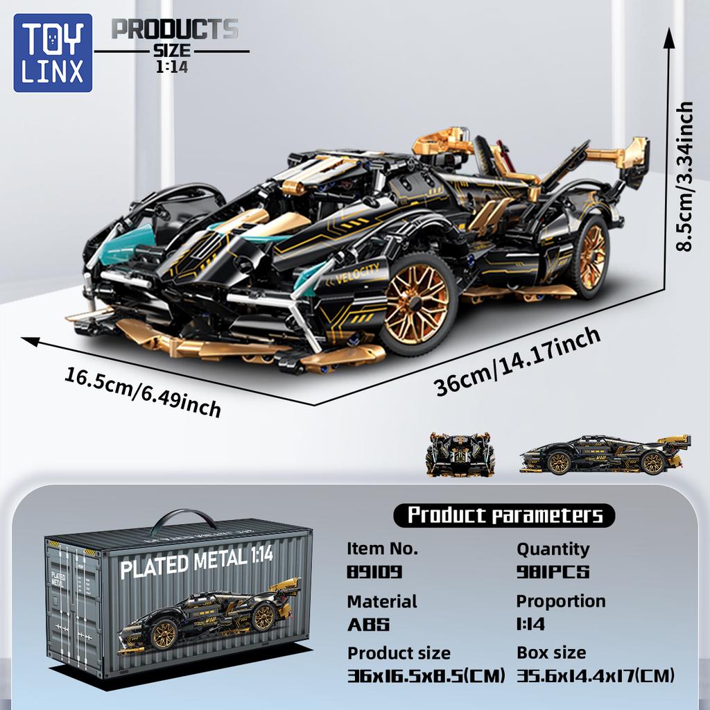 V12 Black Gold Model Building Block Toy 981PCS Decoration Cyberpunk Sports 1:14 Racing Car Gift For Kids Adults Christmas Gifts
